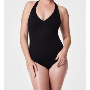 Spanx Pique Shaping Halter One Piece Very Black Padded Shapewear Swimsuit XL
